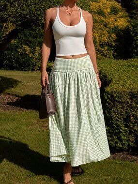 Green Casual Women's Pleated Long A-Line Skirt